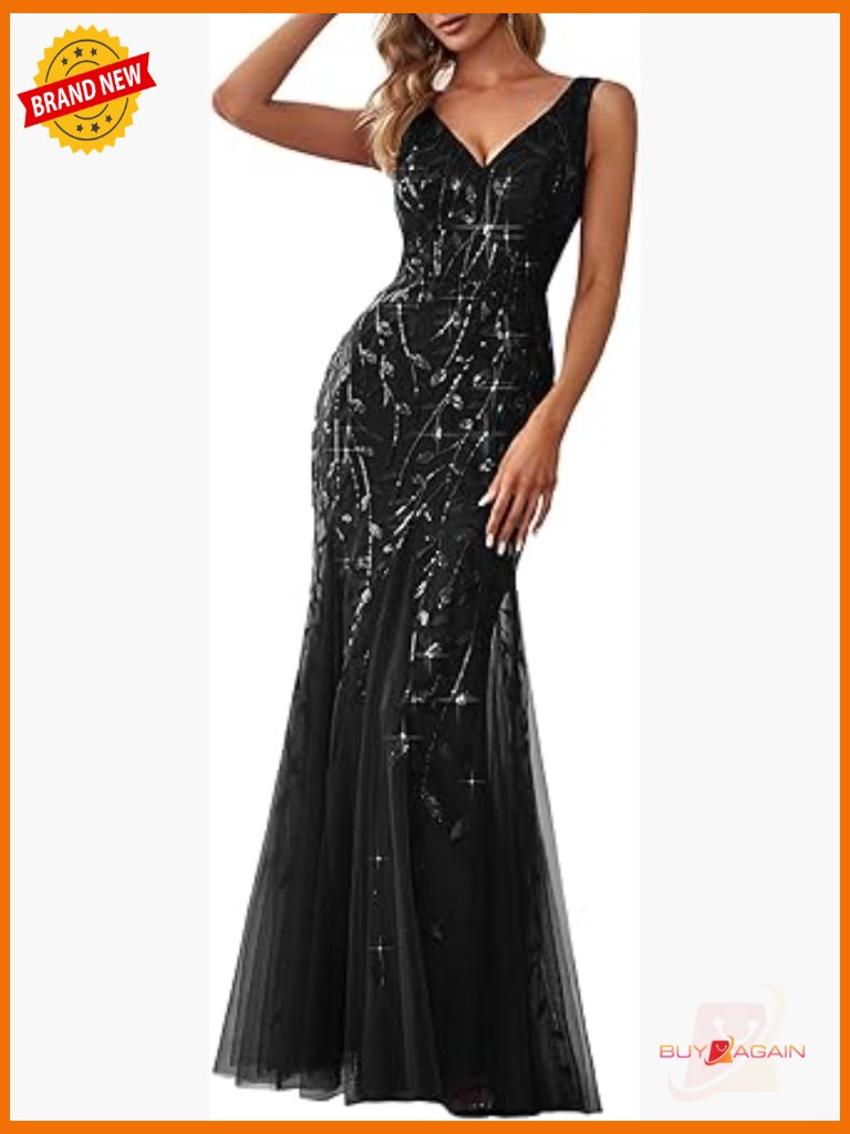 Double V-Neck Sleeveless Sequin Mermaid Formal Prom Dress Floor Length
